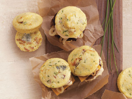 Bacon and Gorgonzola Cornbread Sliders with Chipotle Mayo
