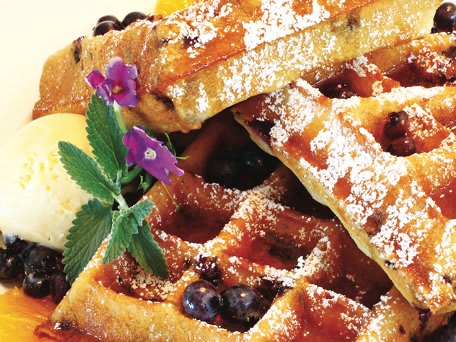 Maple Blueberry Malted Belgian Waffles with Maple Syrup and Fresh Whipped Cream