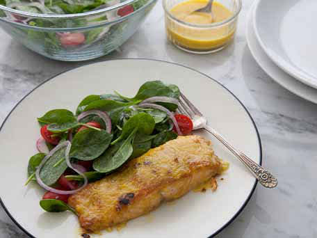 Mango Glazed Salmon with Baby Spinach and Cherry Tomato Salad