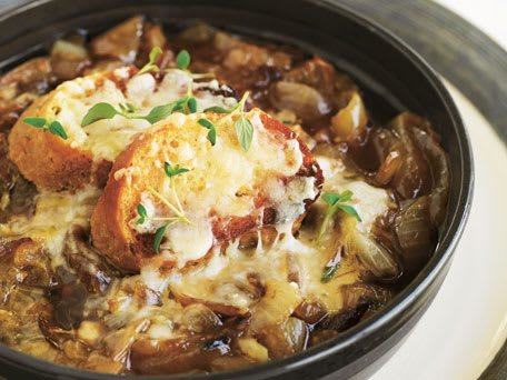 Baked Onion Soup with a Gruyère Cheese Bread Crust