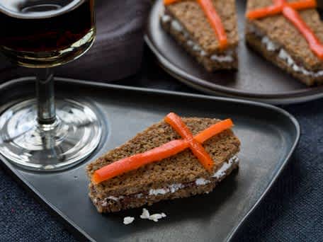Coffin Canapes with Red Pepper, Goat Cheese, and Black-Olive Spread