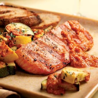Image of Grilled Salmon & Zucchini With Red Pepper Sauce, Kitchen Daily