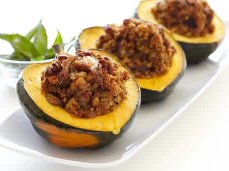Stuffed Maple Acorn Squash with Sausage and Shiitakes