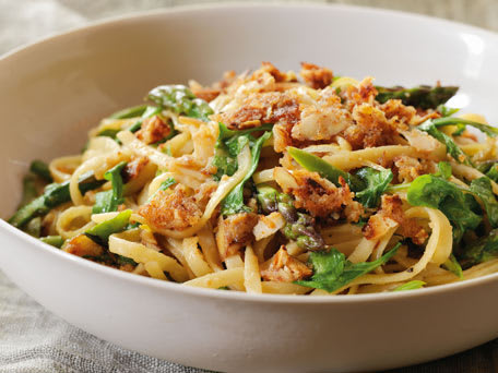Asparagus Linguine with Almond Butter Crisp