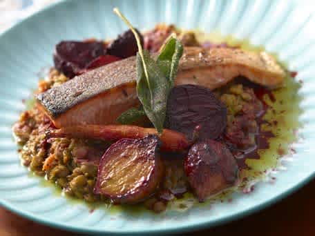 Pan Roasted Salmon With Roasted Vegetables