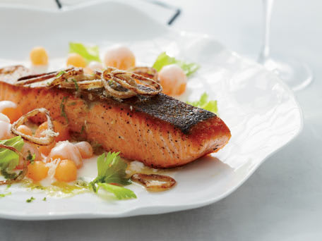 Salmon with Cantaloupe and Fried Shallots