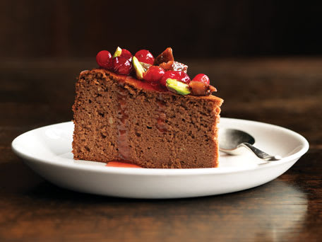 Chocolate Chestnut Cake with Confit Cranberries