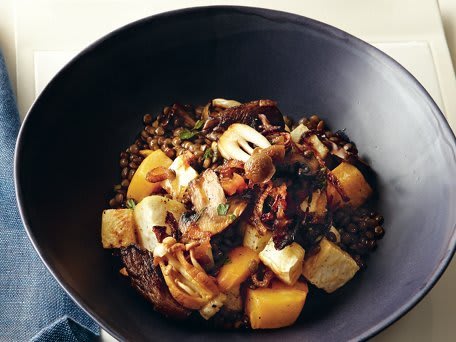 French Lentils with Roasted Roots, Caramelized Onions and Thyme
