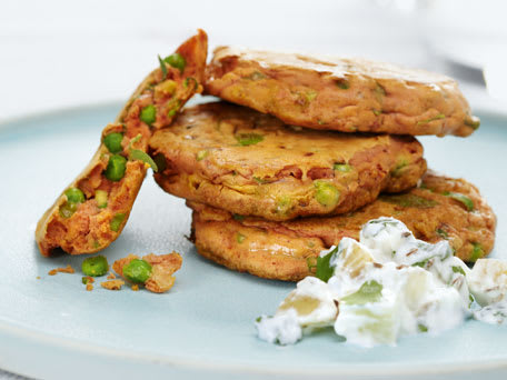 Spicy Pea Fritters with Cilantro and Potato Raita