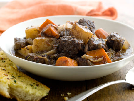 Beef Stew with Red Wine, Root Vegetables and Garlic Bread