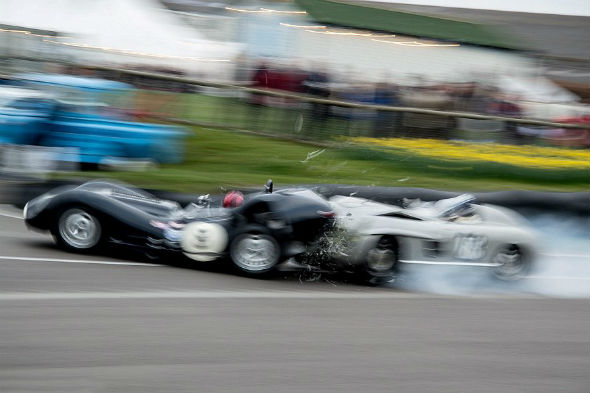 Priceless 1955 Mercedes and 1959 Lister-Jaguar crash at Goodwood