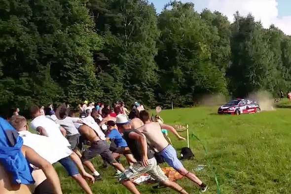 Too close for comfort! Watch as rally car almost ploughs into crowd