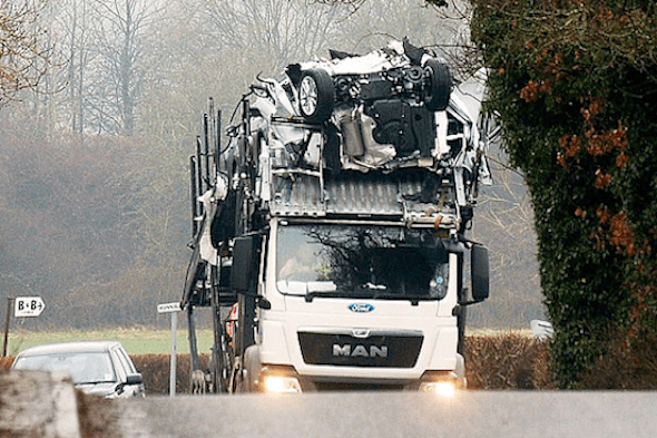 Transporter driver destroys fleet of new Fords