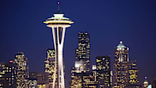 Twilight over the skyline of downtown Seattle with the space needle from Queen Anne hill