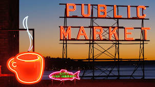 Neon sign on top of Pike Place Market, Pike Place Market, Seattle, Washington, United States.. Image shot 2006. Exact date unknown.