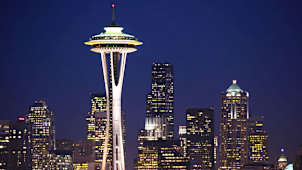Twilight over the skyline of downtown Seattle with the space needle from Queen Anne hill