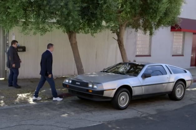 Jerry Seinfeld and Patton Oswalt in a DeLorean