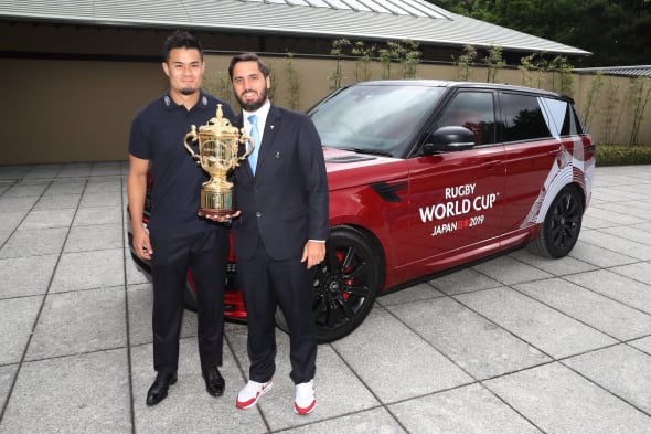 KYOTO, JAPAN - MAY 10:  Yu Tamura of Japan and Agustin Pichot, Vice-Chairman of World Rugby pose with The William Webb Ellis Cup during the Rugby World Cup 2019 Pool Draw at the Kyoto State Guest House on May 10, 2017 in Kyoto, Japan.  (Photo by Dave Rogers - World Rugby/World Rugby via Getty Images)