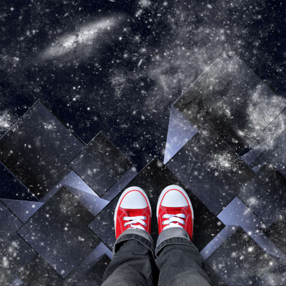 white cubes in space with red shoes