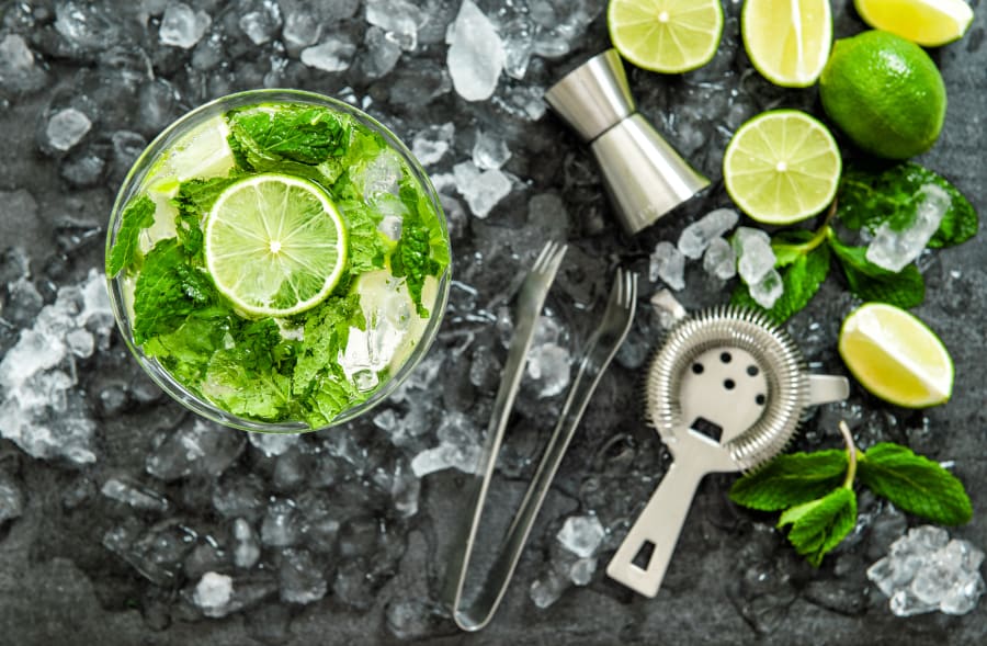 Mojito cocktail ingredients. Drink making accessories