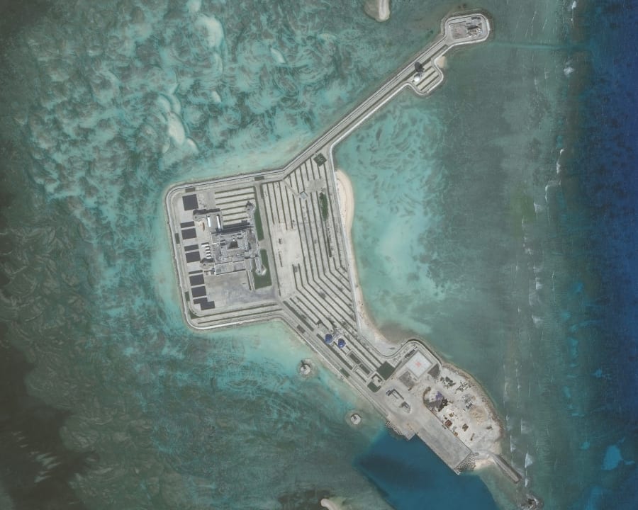 NOV 10, 2016: DigitalGlobe closeup imagery of one of the Gaven Reefs.  The Gaven Reefs are located in the Tizard Bank of the Spr