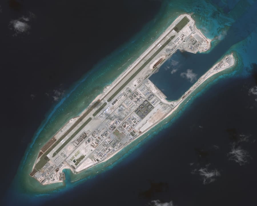 NOV 10, 2016: DigitalGlobe imagery (overview) of the Fiery Cross Reef located in the South China Sea. Fiery Cross is located in