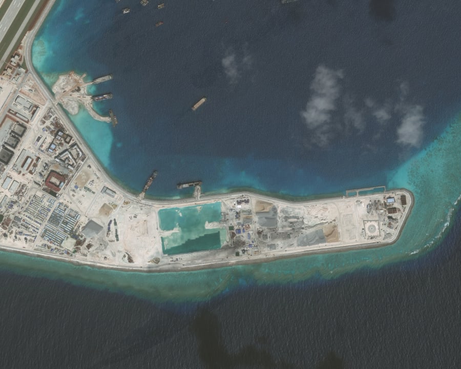 NOV 10, 2016: DigitalGlobe imagery (Closeup-4) of the Subi Reef in the South China Sea, a part of the Spratly Islands group.  Ph