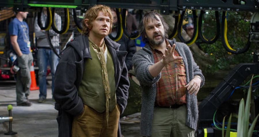 Martin Freeman and director Peter Jackson on the set of the fantasy adventure The Hobbit: An Unexpected Journey, a production of New Line Cinema and Metro-Goldwyn-Mayer Pictures (MGM), released by Warner Bros. Pictures and MGM