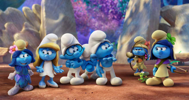 Smurfblossom (Ellie Kemper), Smurfette (Demi Lovato), Brainy (Dany Pudi), Clumsy (Jack McBrayer), Hefty (Joe Manganiello), Smurflily (Ariel Winter) and Smufstorm (Michelle Rodriguez) in Columbia Pictures and Sony Pictures Animation's SMURFS: THE LOST VILLAGE.