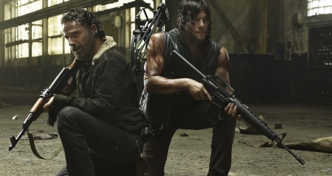 Andrew Lincoln, left, and Norman Reedus star in AMC's <em>The Walking Dead.</em>