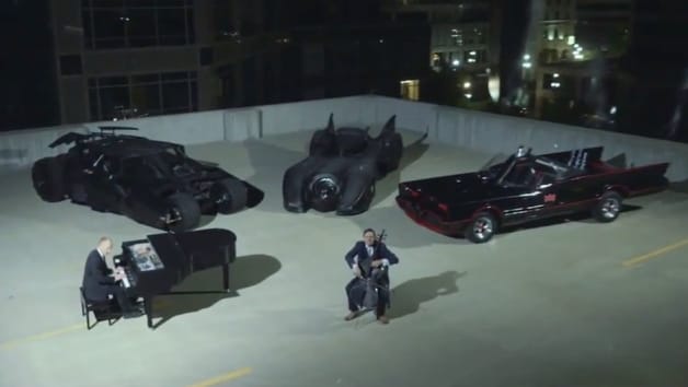 The Piano Guys perform a medley of Batman songs with a trio of Batmobiles