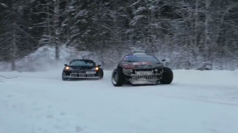 Drift through the Russian winter in a Corvette and a Supra