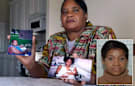 Helen Brown holds a photo of her and her grandson, Thierry LaMarque, left, and a photo of her daughter, Glenda Brown, with Thierry in her home in Clermont, Fla. LaMarque was one of two children who died while in the care of Orphia Wilson (inset mugshot), a home health nurse. (Special to the Los Angeles Times/Phelan M. Ebenhack)