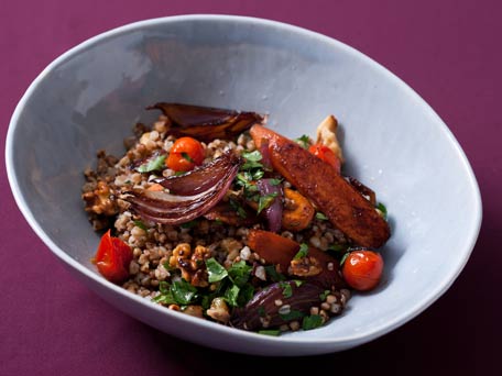 Kasha with Balsamic Roasted Vegetables and Toasty Walnuts