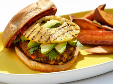 Mexican Veggie Burgers with Grilled Pineapple, Avocado and Jalapeno Ketchup