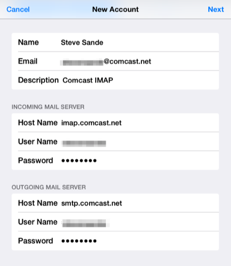 comcast incoming mail server android password