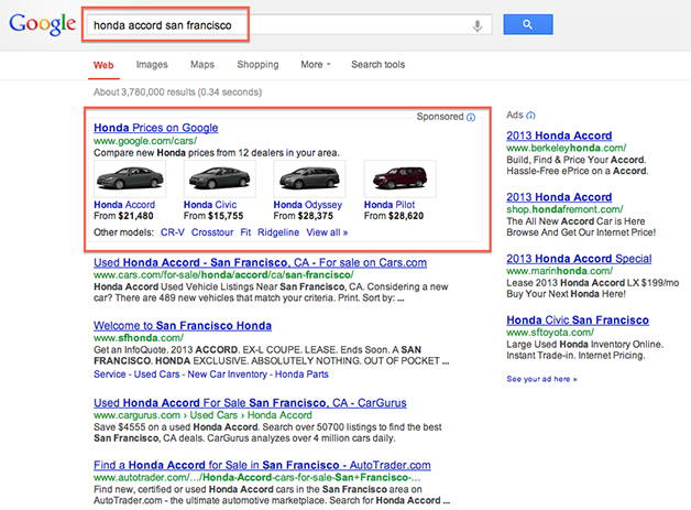 An image of the interface for the now-closed Google Cars shopping service