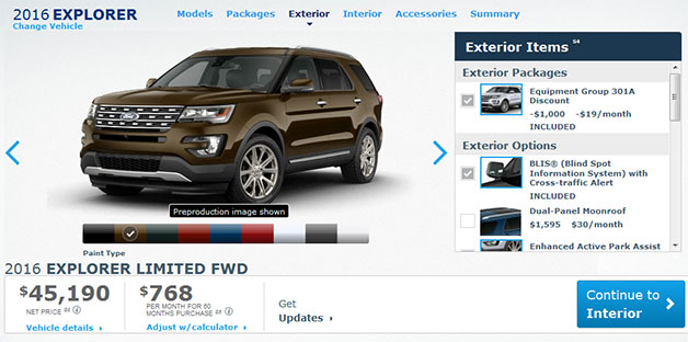 The configurator for the 2016 Ford Explorer.