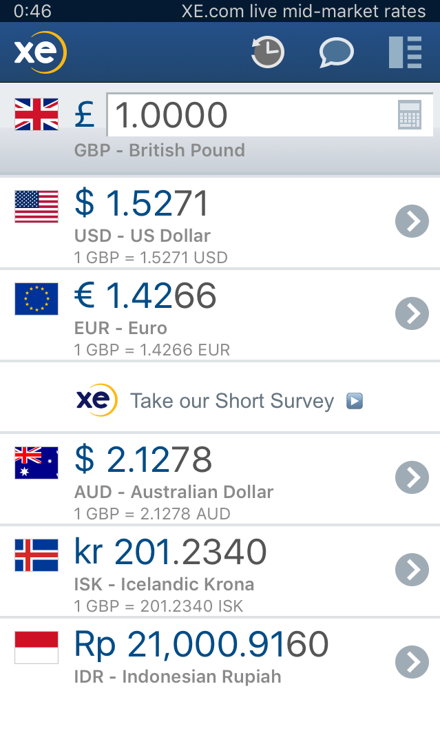 Screen shot of XE currency app 