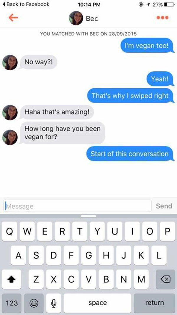 A Foolproof Way To Pick Up A Vegan On Tinder Mandatory