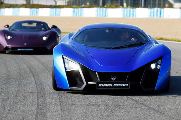 The Marussia B1 and B2 sports cars, front view
