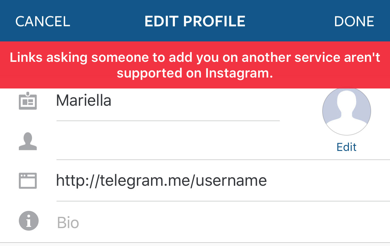 Instagram blocks users from linking to Telegram and Snapchat