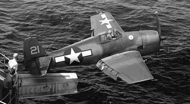 US Navy F6F Hellcat launching from a carrier in 1944