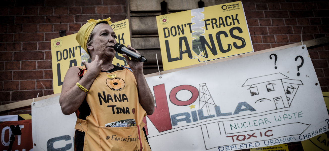 Tina Rothery, an anti-facking activist based in the Fylde area of Lancashire, speaking, on Tuesday 23rd June 2015, outside Lancashire County Hall in Preston where Lancashire County Council whether to give the shale gas firm, Cuardrilla, a liscense for fracking. -- People have gathered in Preston to demonstrate outside Lancashire County Hall against the possibility of fracking in the Fylde area of Lancashire. According to the activist website, the decision by Lancashire County Council, 'is likely to be the beginning of a long battle which has implications for the whole country.' (Photo by Jonathan Nicholson/NurPhoto) (Photo by NurPhoto/NurPhoto via Getty Images)