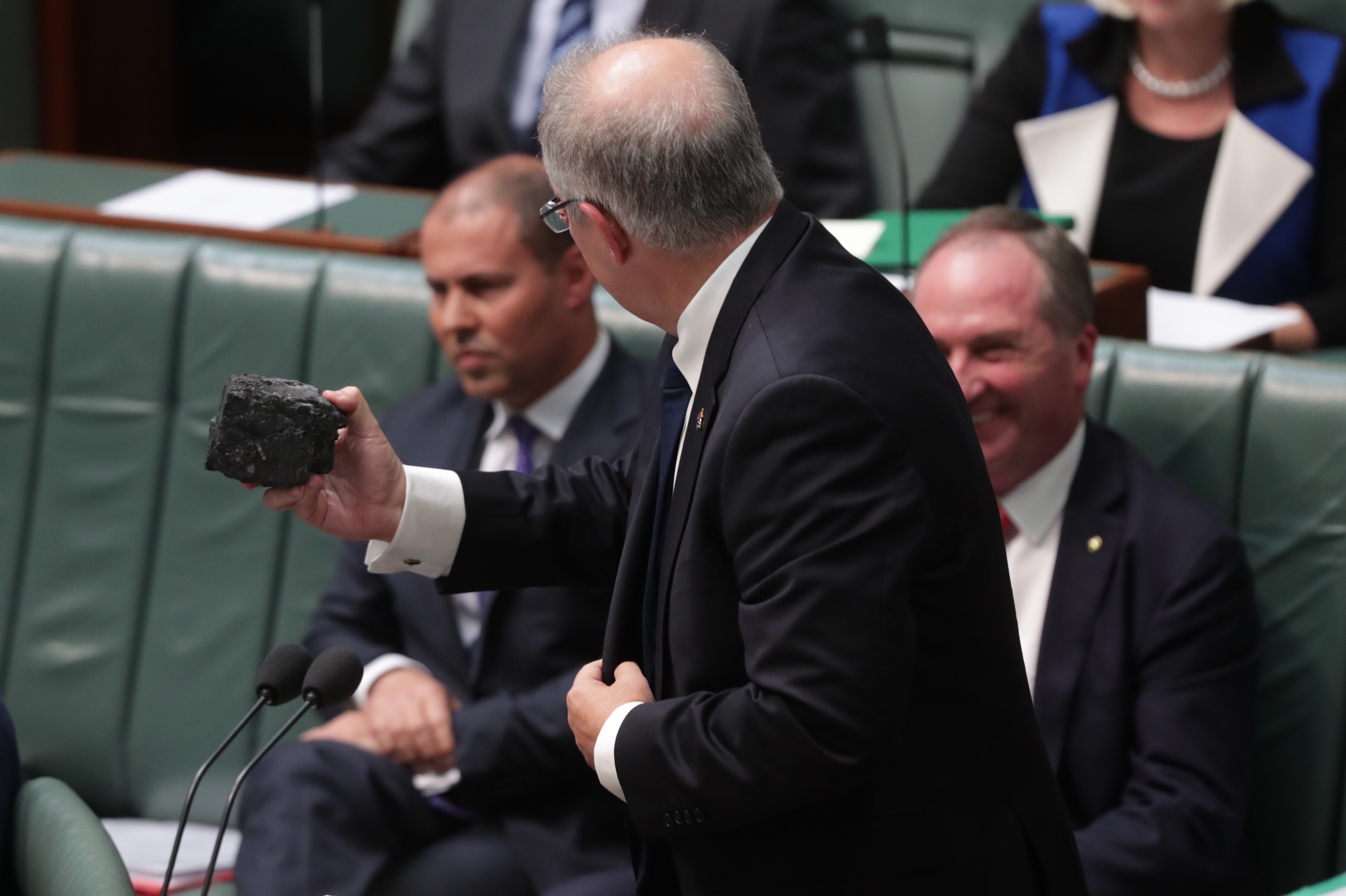 Treasurer Scott Morrison with a lump of coal during question time at Parliament House in Canberra on Thursday 9 February 2017. Photo: Andrew Meares