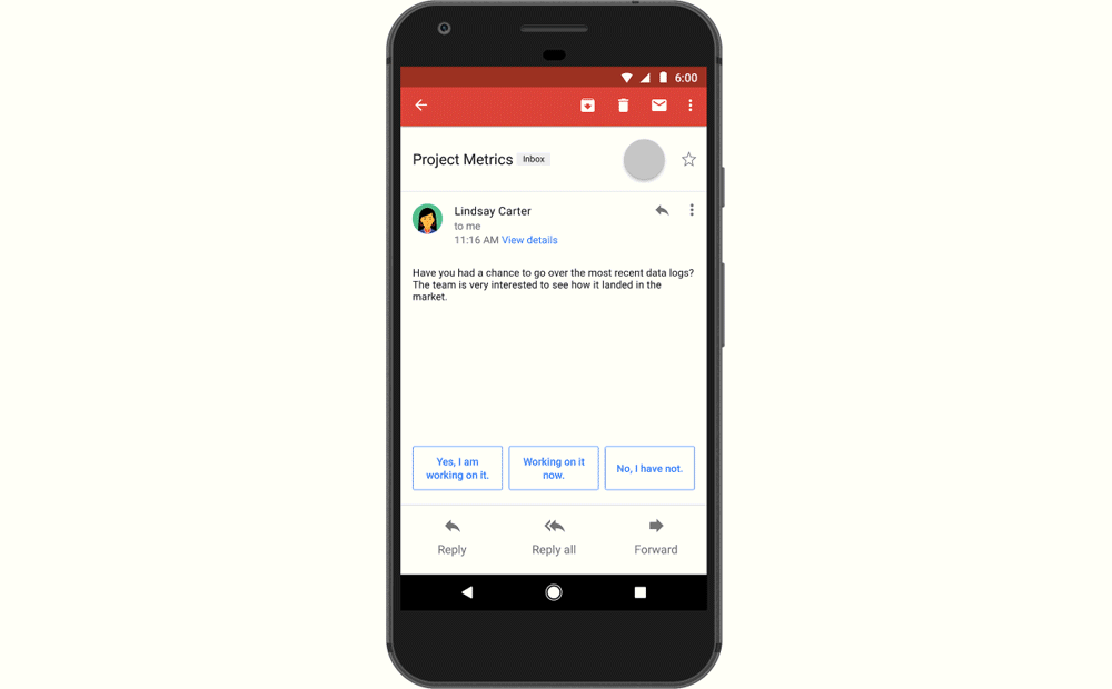 GmailアプリにAIが返信文を提案するスマートリプライ機能。iOS版にも搭載、まず英語・スペイン語からサポート