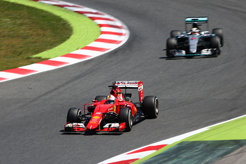 Sebastian Vettel is ahead of Lewis Hamilton at the 2015 Spanish Formula One Grand Prix.