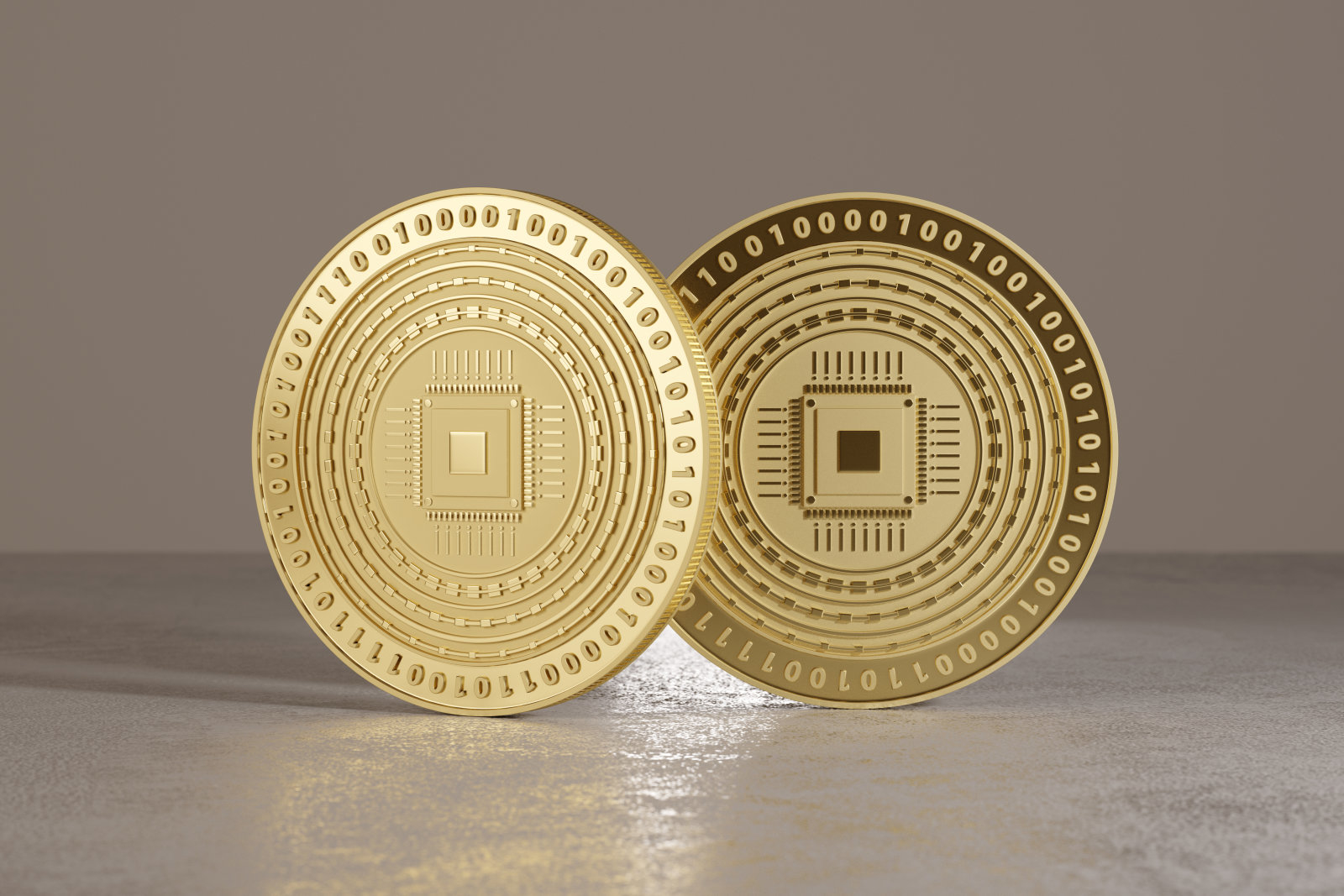 Golden coins on metal floor with cpu logo as example for bitcoin, online banking or fin-tech