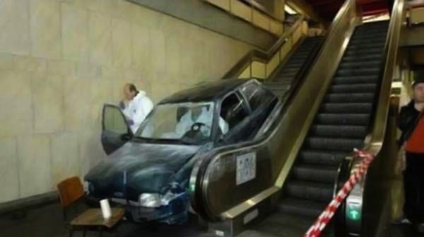 car on escalator, weird sightings, you don't see this every day, funny weird photos