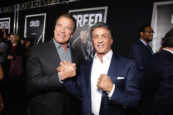 Arnold Schwarzenegger and Producer Sylvester Stallone seen at Los Angeles World Premiere of New Line Cinemaâs and Metro-Goldwyn-Mayer Pictures' 'Creed' at Regency Village Theater on Thursday, November 19, 2015, in Westwood, CA. (Photo by Eric Charbonneau/Invision for Warner Bros/AP Images)